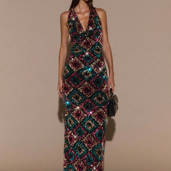 Black Elegant Women's Sequin Plunging Neck Backless Cocktail Dress - Picture 4 of 7